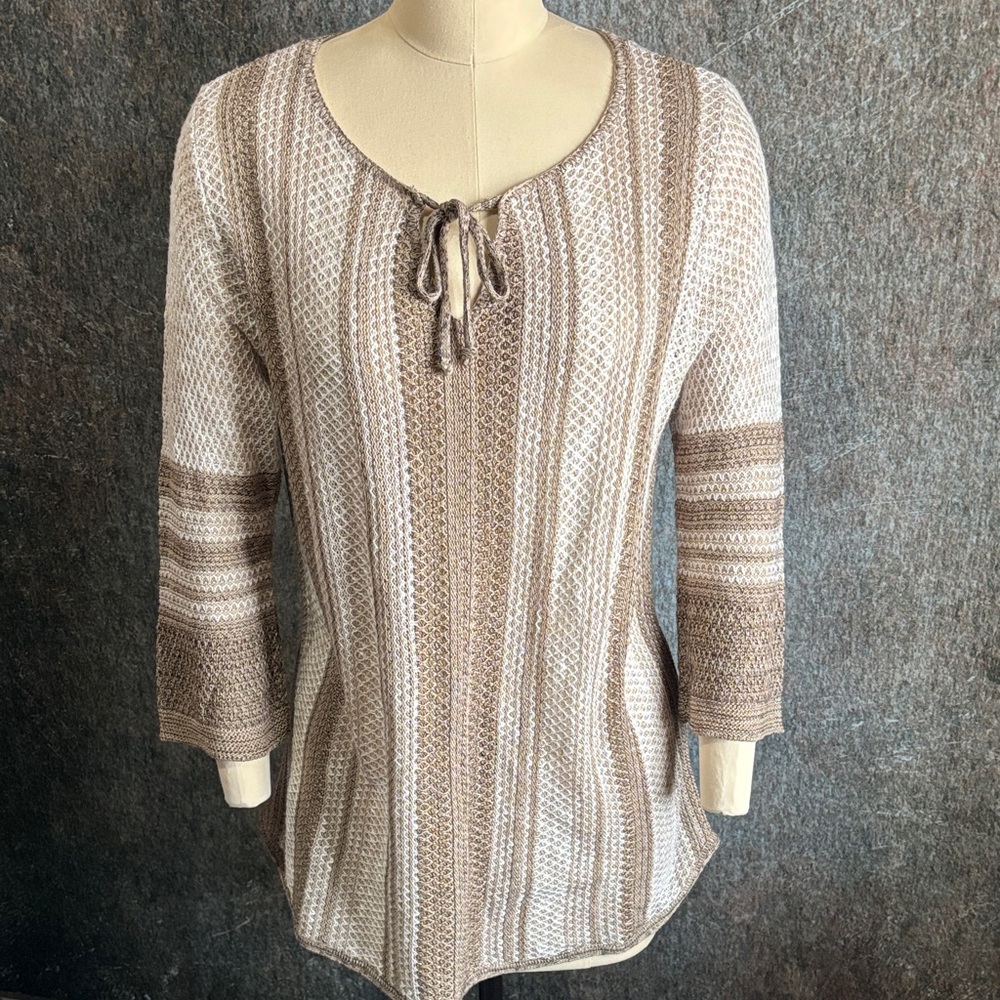 Christopher & Banks Brown and White Striped Crocheted Sweater